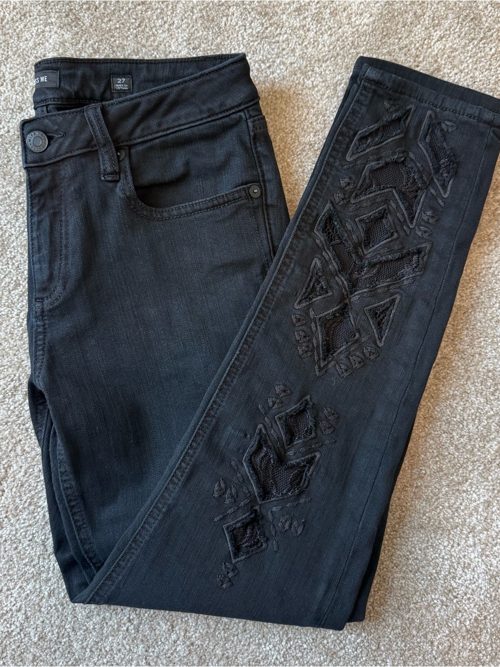 Miss Me Black Skinny Jeans with Embroidered/Mesh Detail
